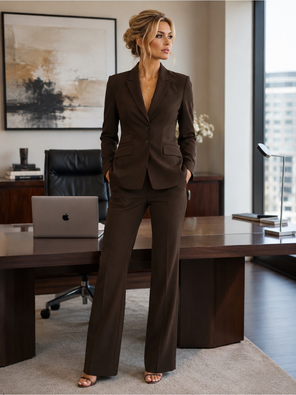 Body By Victoria Brown Pant Suit Sz 6 Flare Leg Stretch Career Office Set